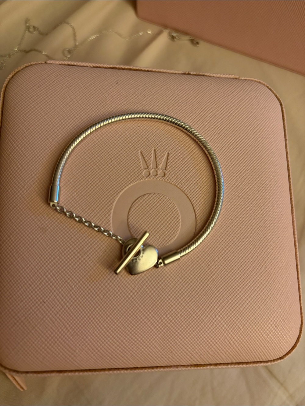 Pandora Silver Heart Toggle Bracelet with Pink Case Accent